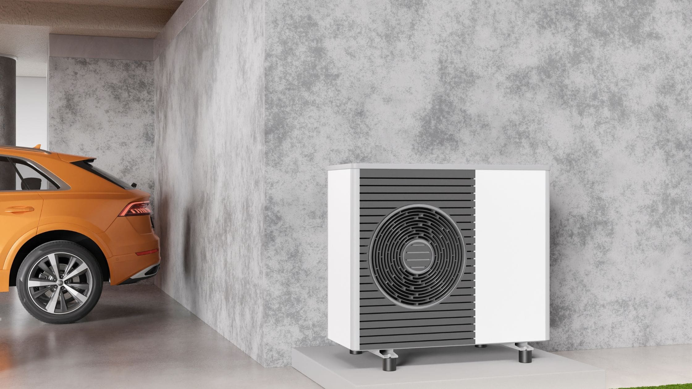 How Air Source Heat Pumps Work – and Why They’re a Smart Investment for Businesses – 13112025 Grey Wall with a White and Black Air source heat pumps attached.