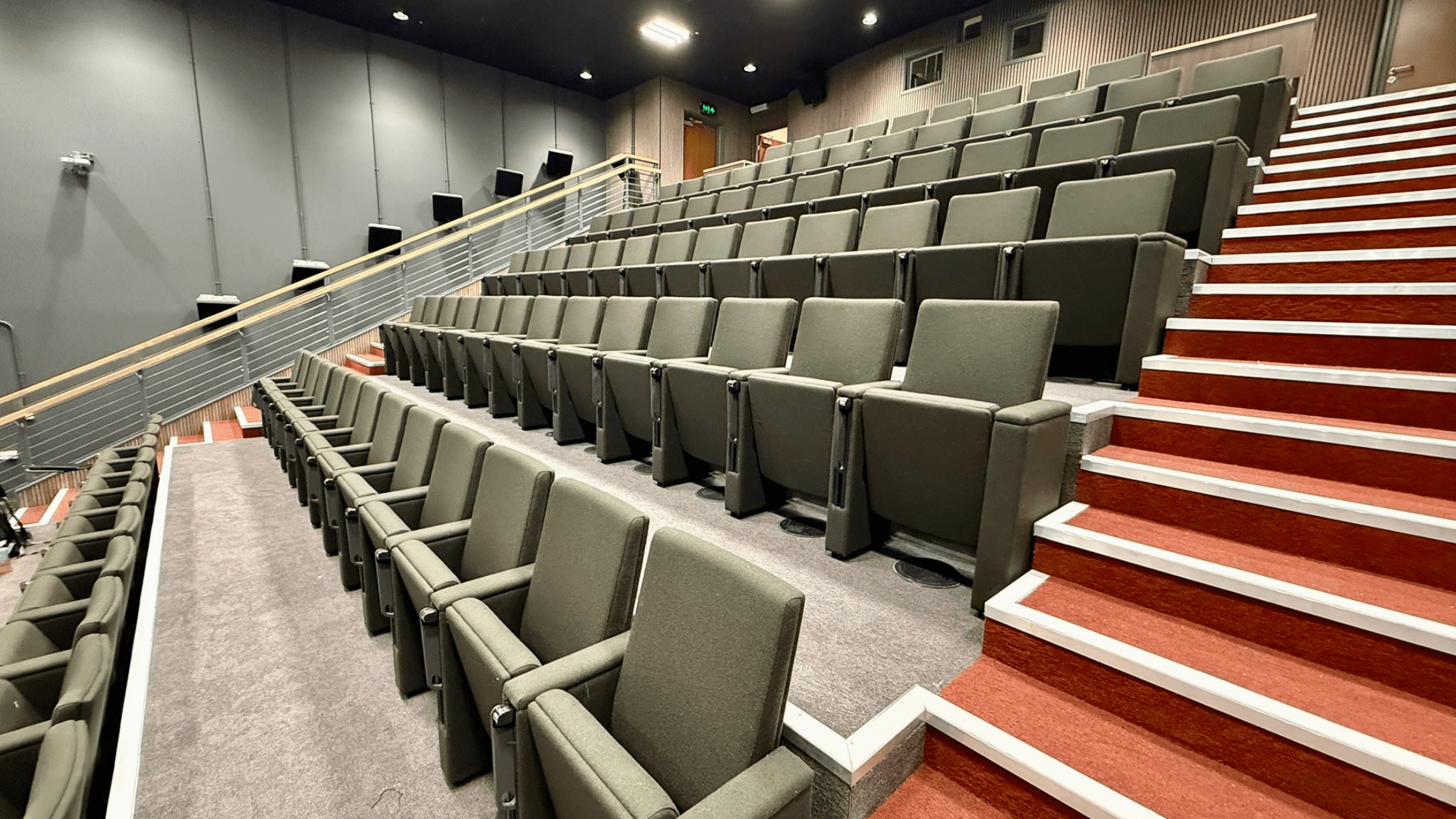 University of South Wales Cardiff Cinema Refurbishment Project 2025 FEATURE IMAGE Rows of Cinema seats with steps and lights